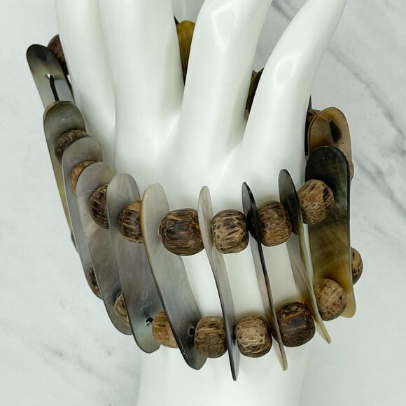 Wide Abalone Shell Ladder Beaded Stretch Bracelet - Picture 5 of 9